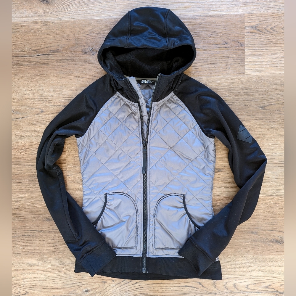The North Face Black Gray Quilted Zip up Hoodie Jacket Sz XS